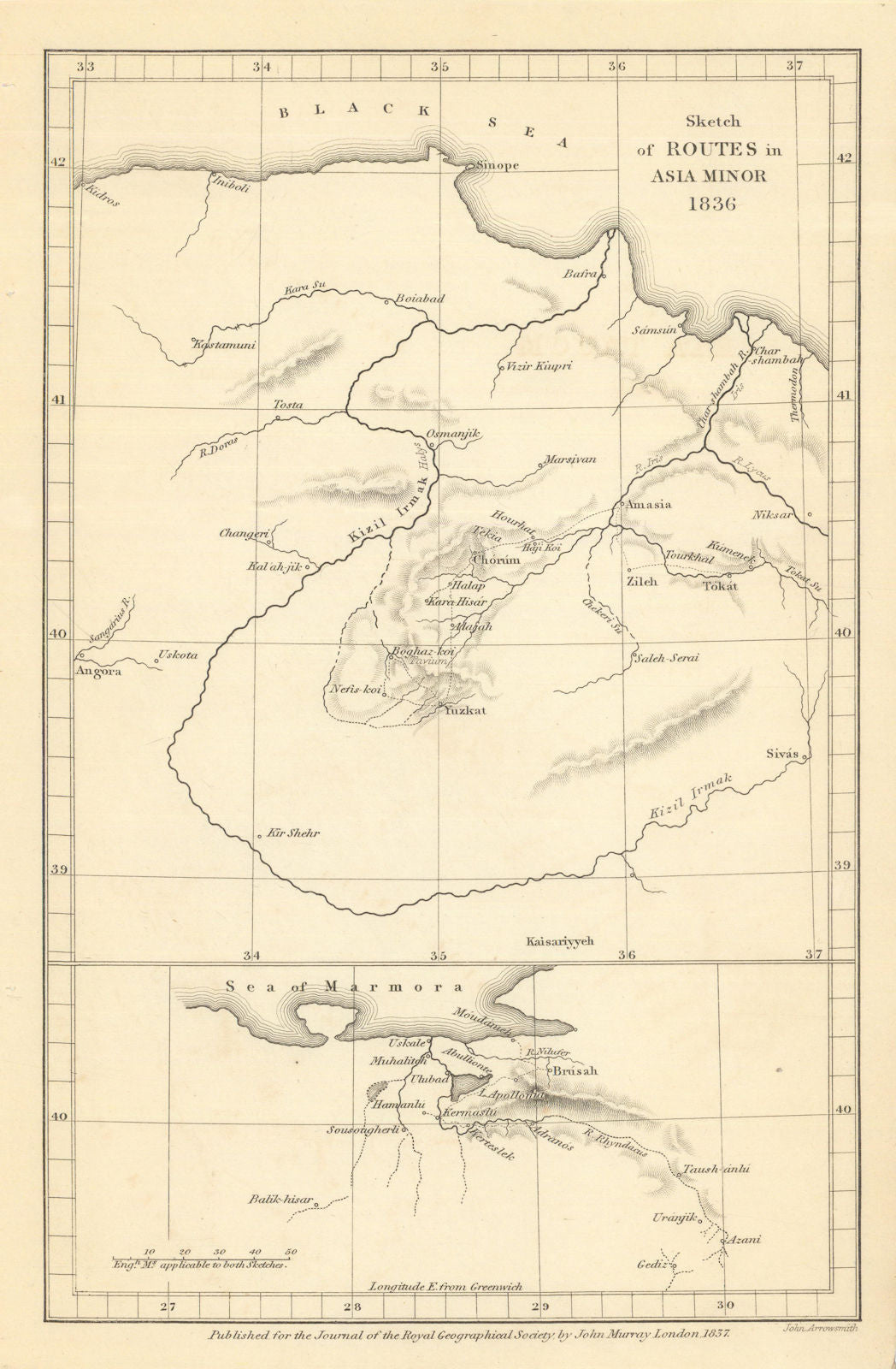 Sketch of Routes in Asia Minor by William John Hamilton / RGS 1837 old map